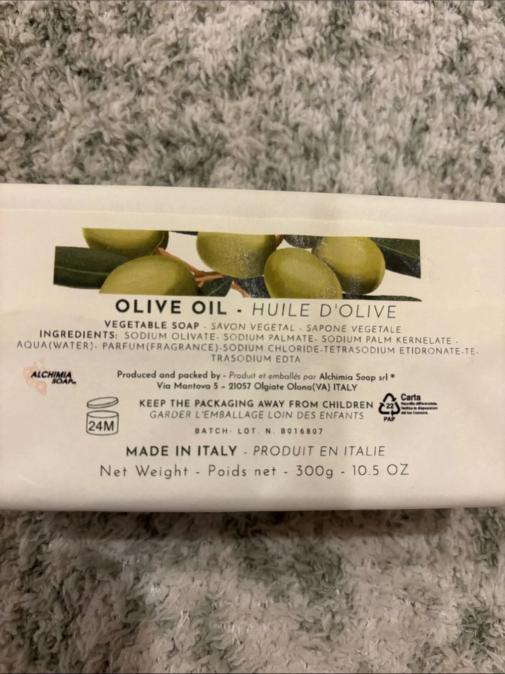 Olive Oil Fine Vegetable Soap by Alchimia Made in Italy NWT 10.50oz